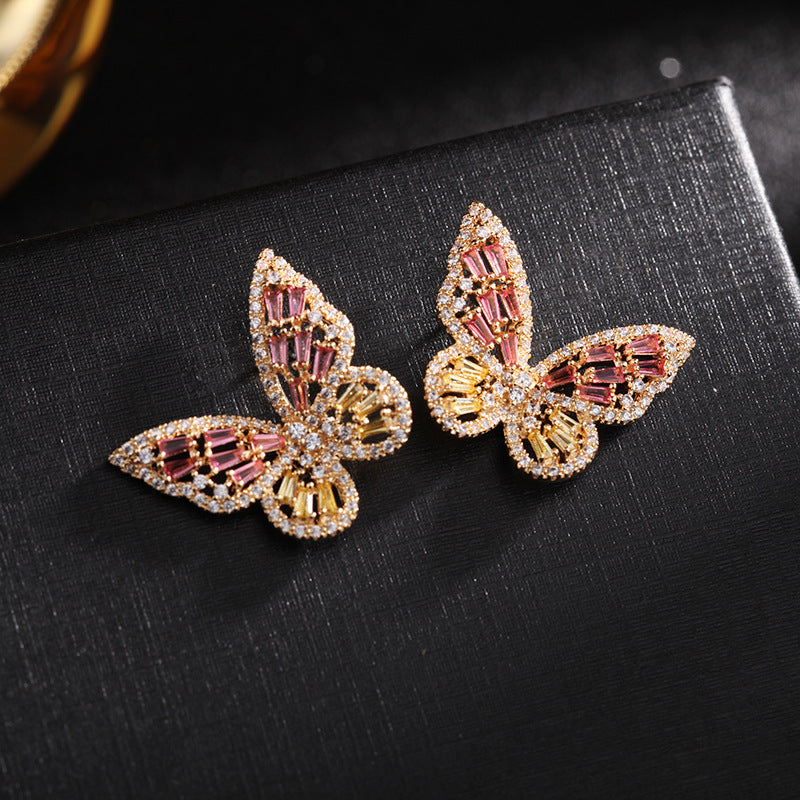 Colorful Zircon Light Luxury Elegant Earrings 925 Silver Pin Earrings Hollow Butterfly Stud Earrings