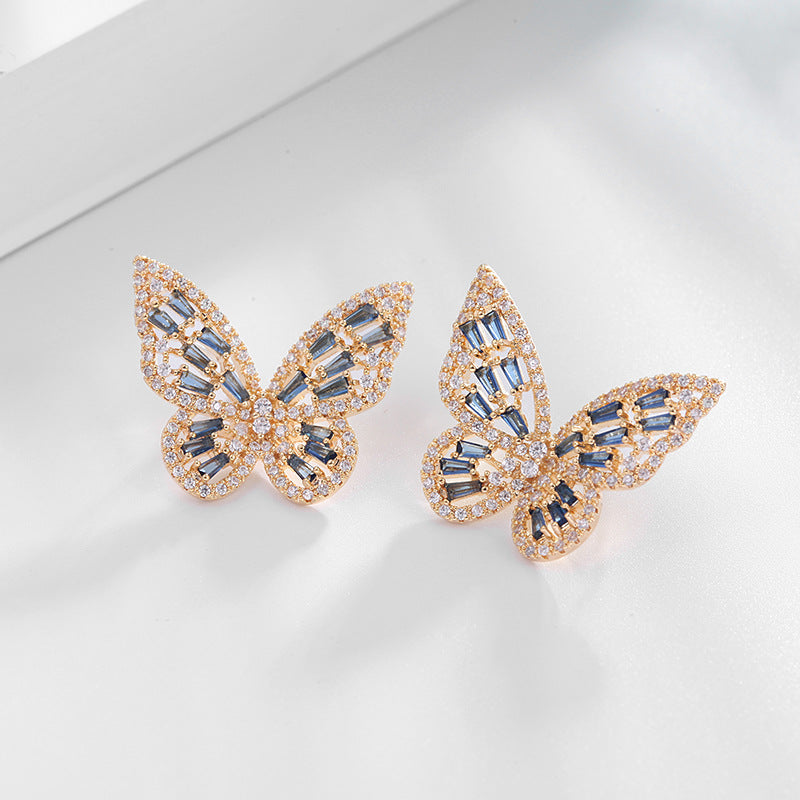 Colorful Zircon Light Luxury Elegant Earrings 925 Silver Pin Earrings Hollow Butterfly Stud Earrings