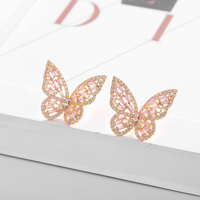 Colorful Zircon Light Luxury Elegant Earrings 925 Silver Pin Earrings Hollow Butterfly Stud Earrings