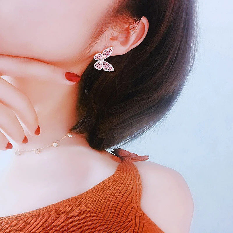 Colorful Zircon Light Luxury Elegant Earrings 925 Silver Pin Earrings Hollow Butterfly Stud Earrings