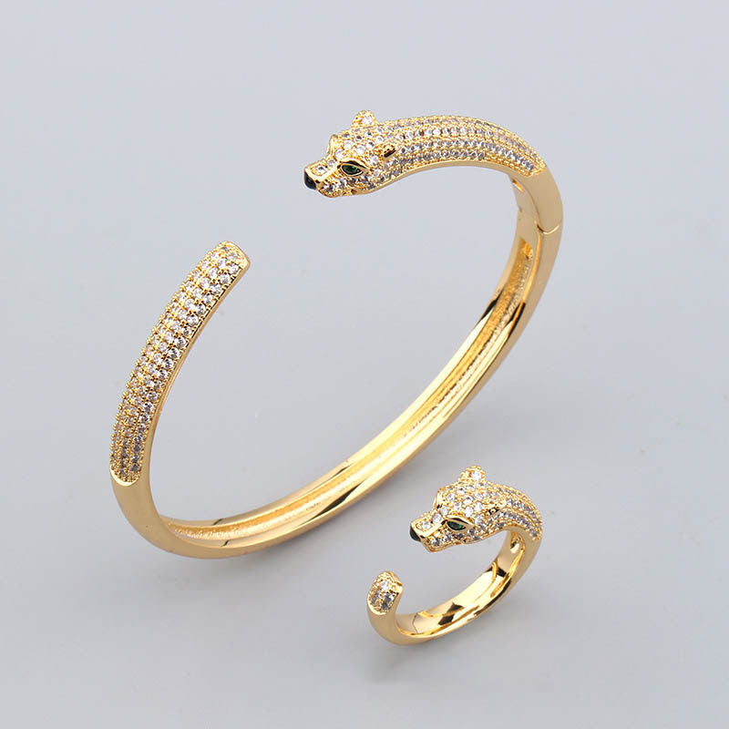 New Leopard Simple Micro-inlaid Zircon Green Eye Bracelet Ring Set Men's And Women's Casual Personality Jewelry