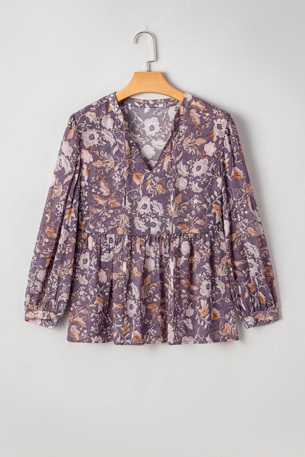 Blue Boho Floral Print 3/4 Sleeve Babydoll Blouse