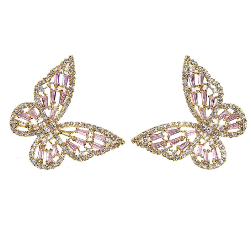 Colorful Zircon Light Luxury Elegant Earrings 925 Silver Pin Earrings Hollow Butterfly Stud Earrings