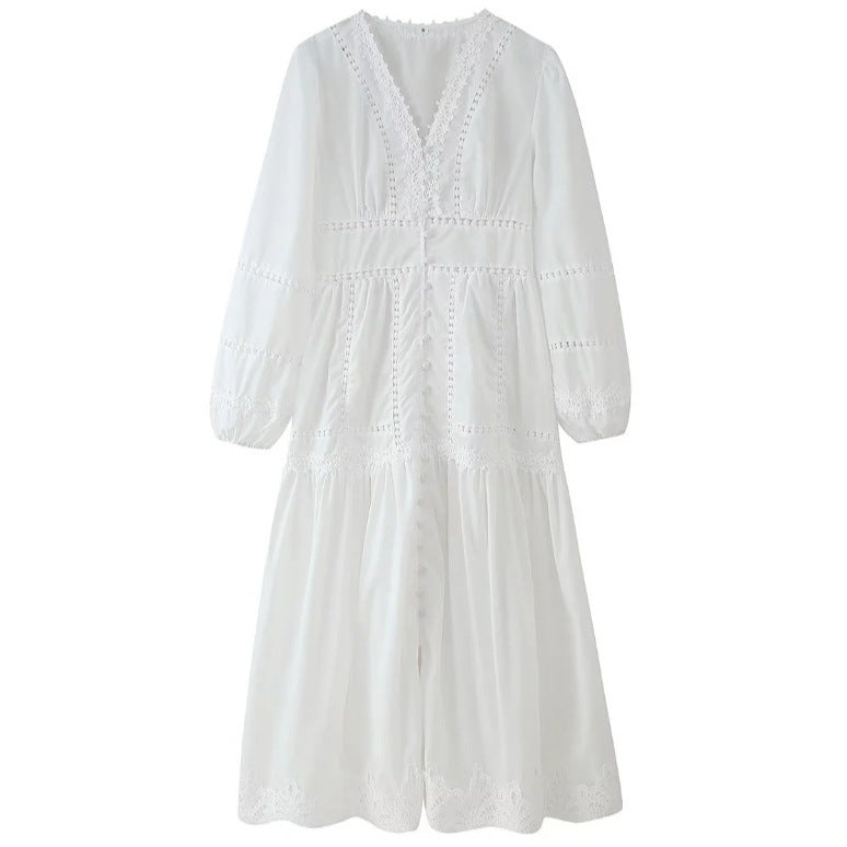 Cross-border European And American Women's AliExpress Explosions Temperament V-neck Stitching Lace Hollow-out Design Sense Long Sleeve Waisted Dress