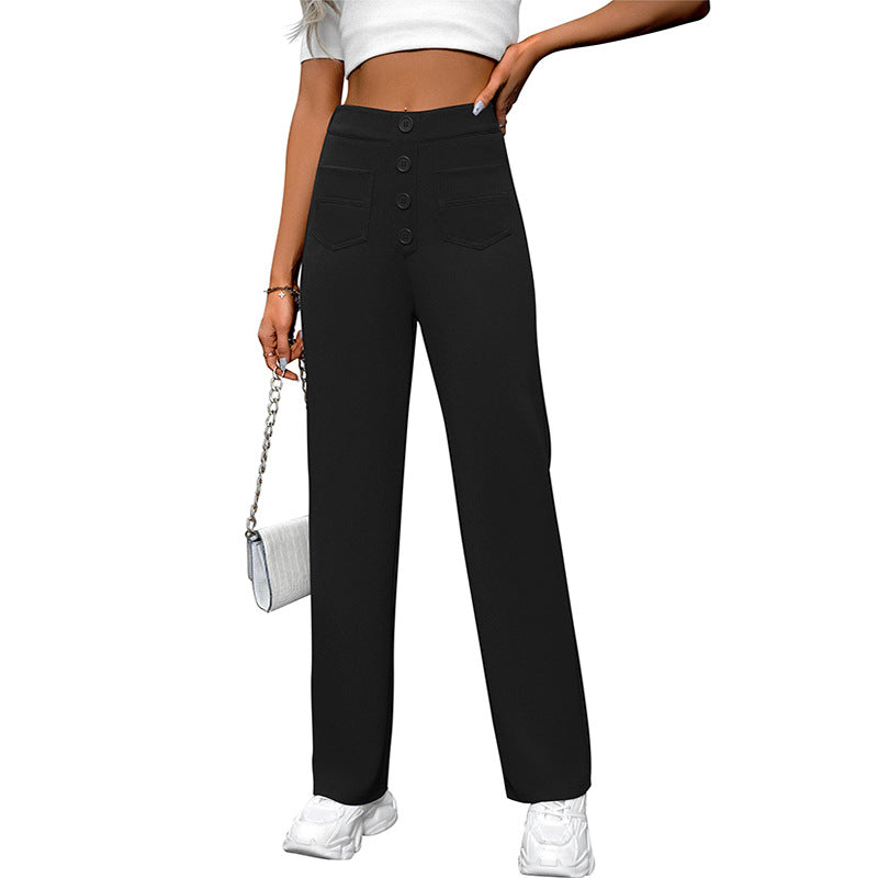 Spring And Autumn New Women's High Waist Pocket Wide Leg Button Casual Loose Straight Pants Trousers