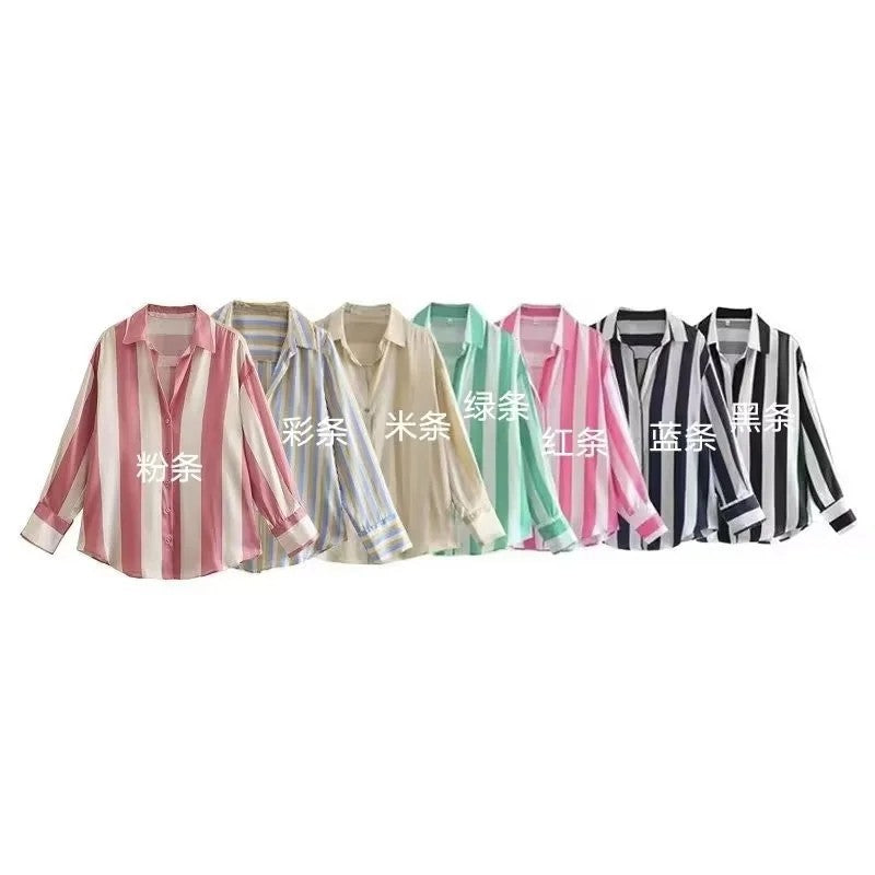 Cross-border Foreign Trade Wholesale Striped European And American Style Digital Printing Striped Silk Satin Texture Drape Shirt Loose Casual Style