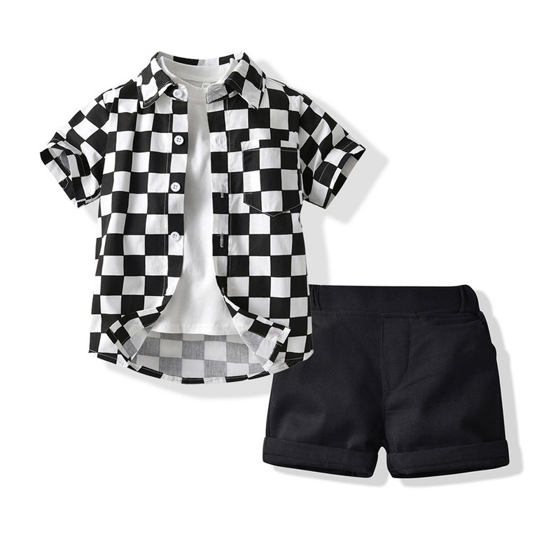 New Foreign Trade Children's Clothing 2022 Summer Checkerboard Short-sleeved Cotton Cardigan White T Bottoming Shirt Shorts Three-piece Kids
