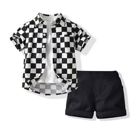 New Foreign Trade Children's Clothing 2022 Summer Checkerboard Short-sleeved Cotton Cardigan White T Bottoming Shirt Shorts Three-piece Kids