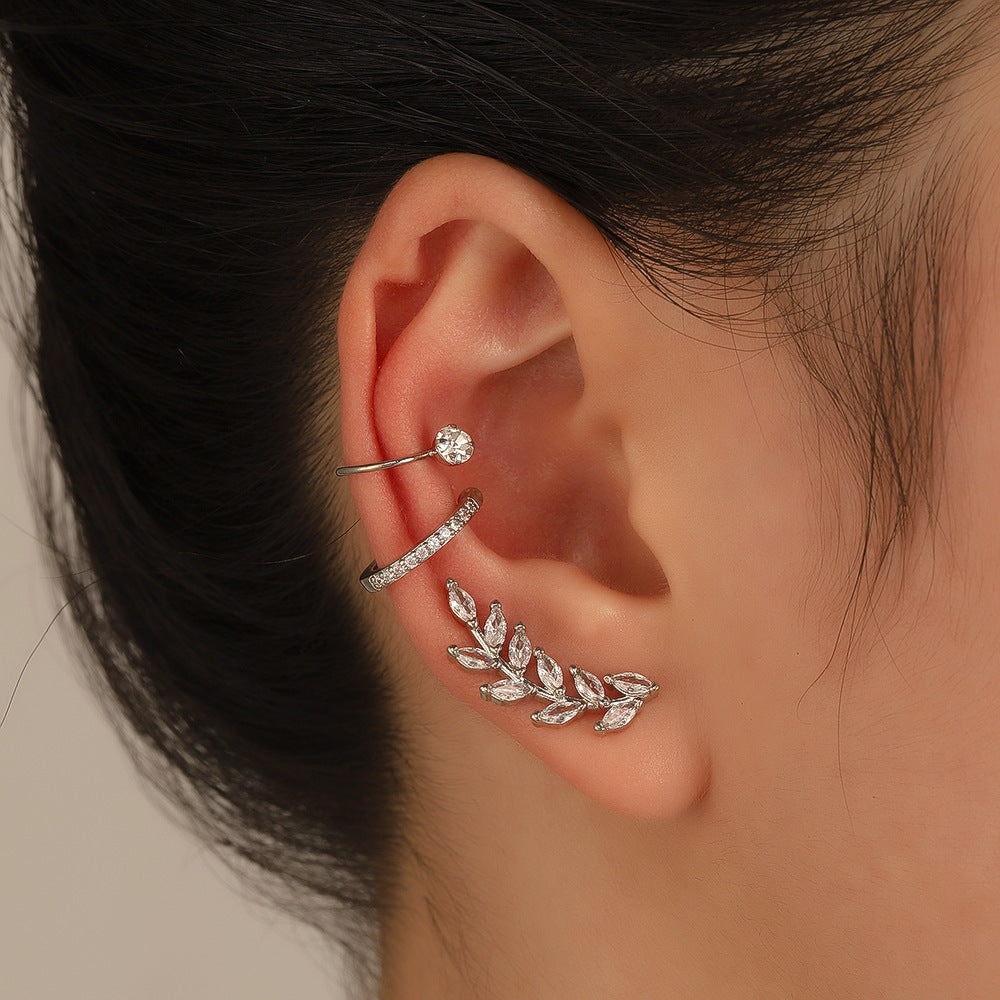 New Simple Star Small Drill Ear Clip Leaves Flowers Sunflower Geometric Pearl Zircon Earrings Set