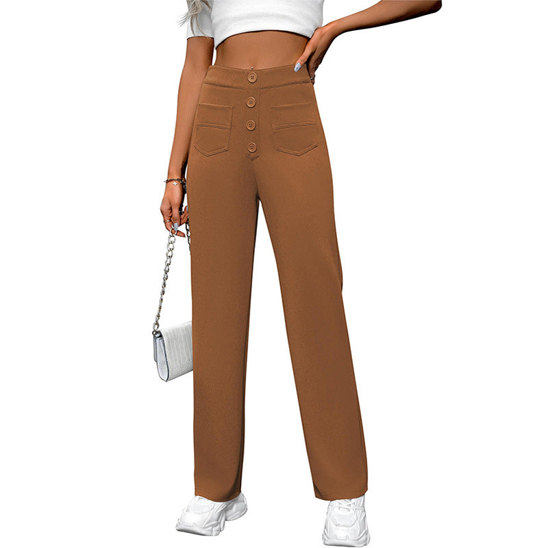 Spring And Autumn New Women's High Waist Pocket Wide Leg Button Casual Loose Straight Pants Trousers