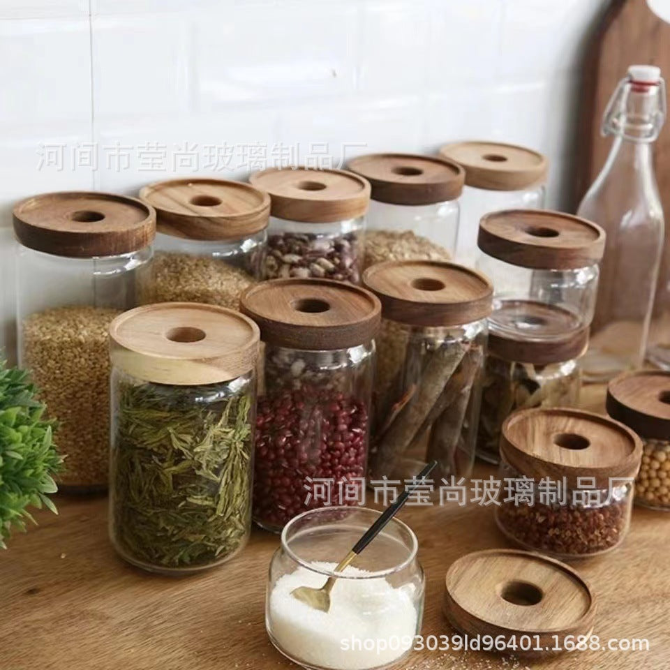 Acacia Wood Tea Can Storage Tank Kitchen Food Grains Coffee Bean Tea Sealed Can Transparent Storage Storage Tank
