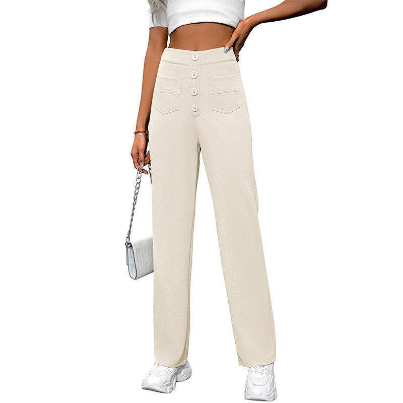 Spring And Autumn New Women's High Waist Pocket Wide Leg Button Casual Loose Straight Pants Trousers