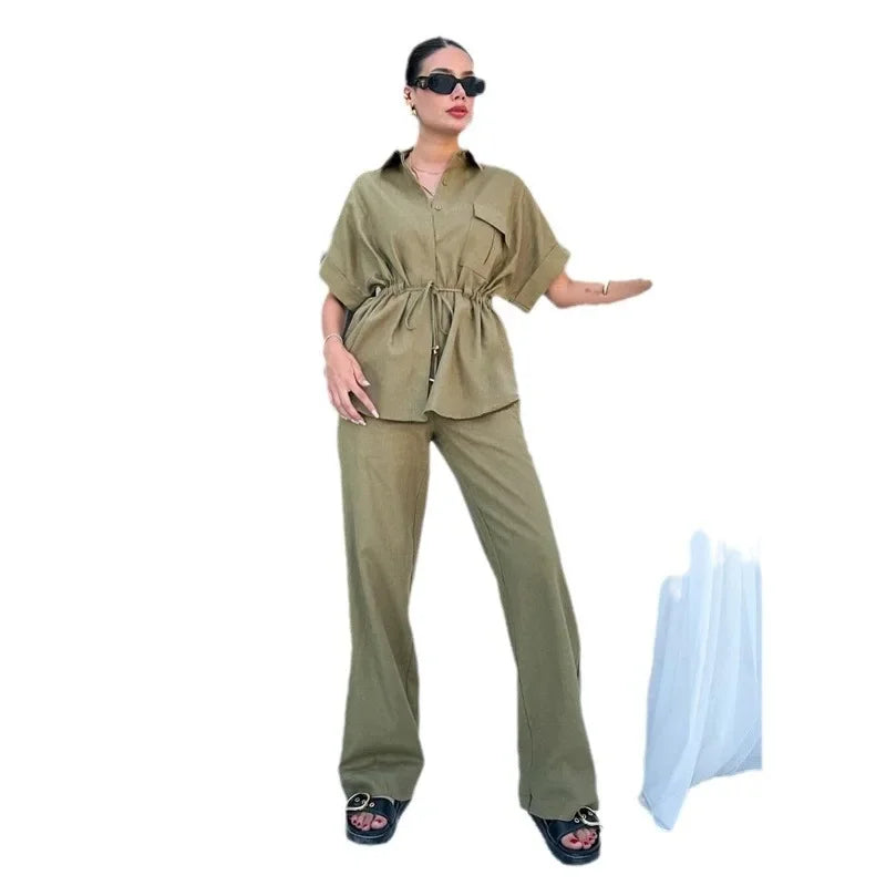 In Stock 2024 Summer New European And American Style Fashion Casual Suit Women's Workwear Drawstring Pocket Two-piece Women's Clothing