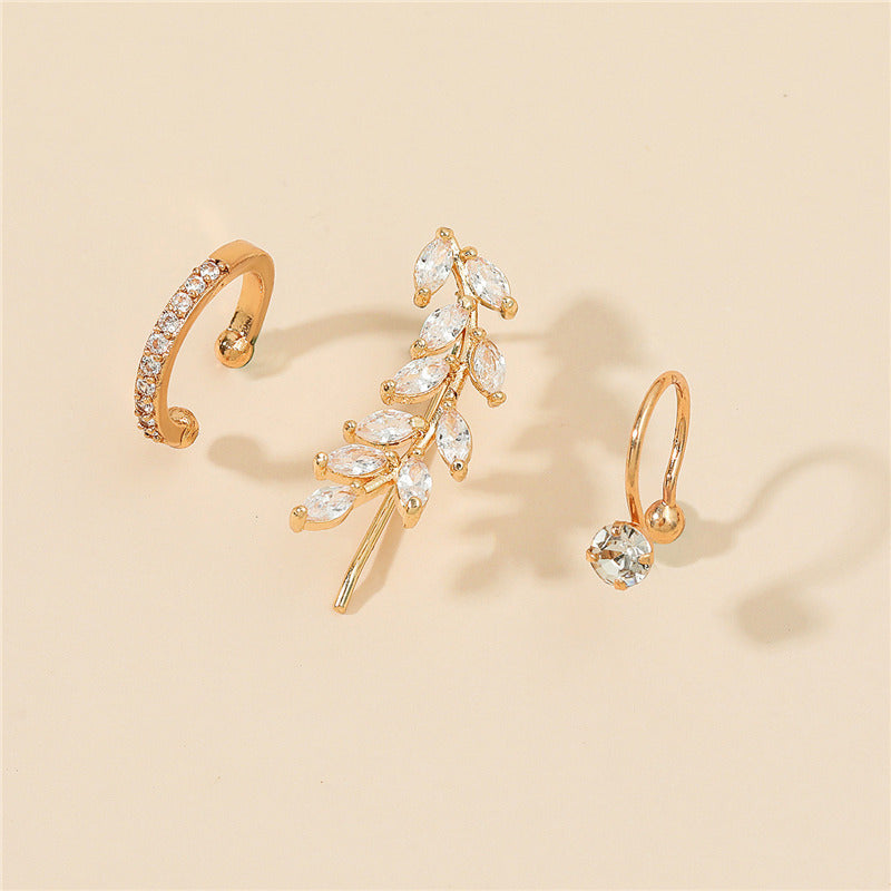 New Simple Star Small Drill Ear Clip Leaves Flowers Sunflower Geometric Pearl Zircon Earrings Set