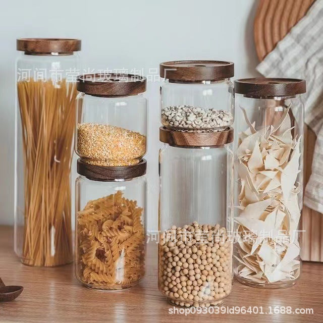 Acacia Wood Tea Can Storage Tank Kitchen Food Grains Coffee Bean Tea Sealed Can Transparent Storage Storage Tank