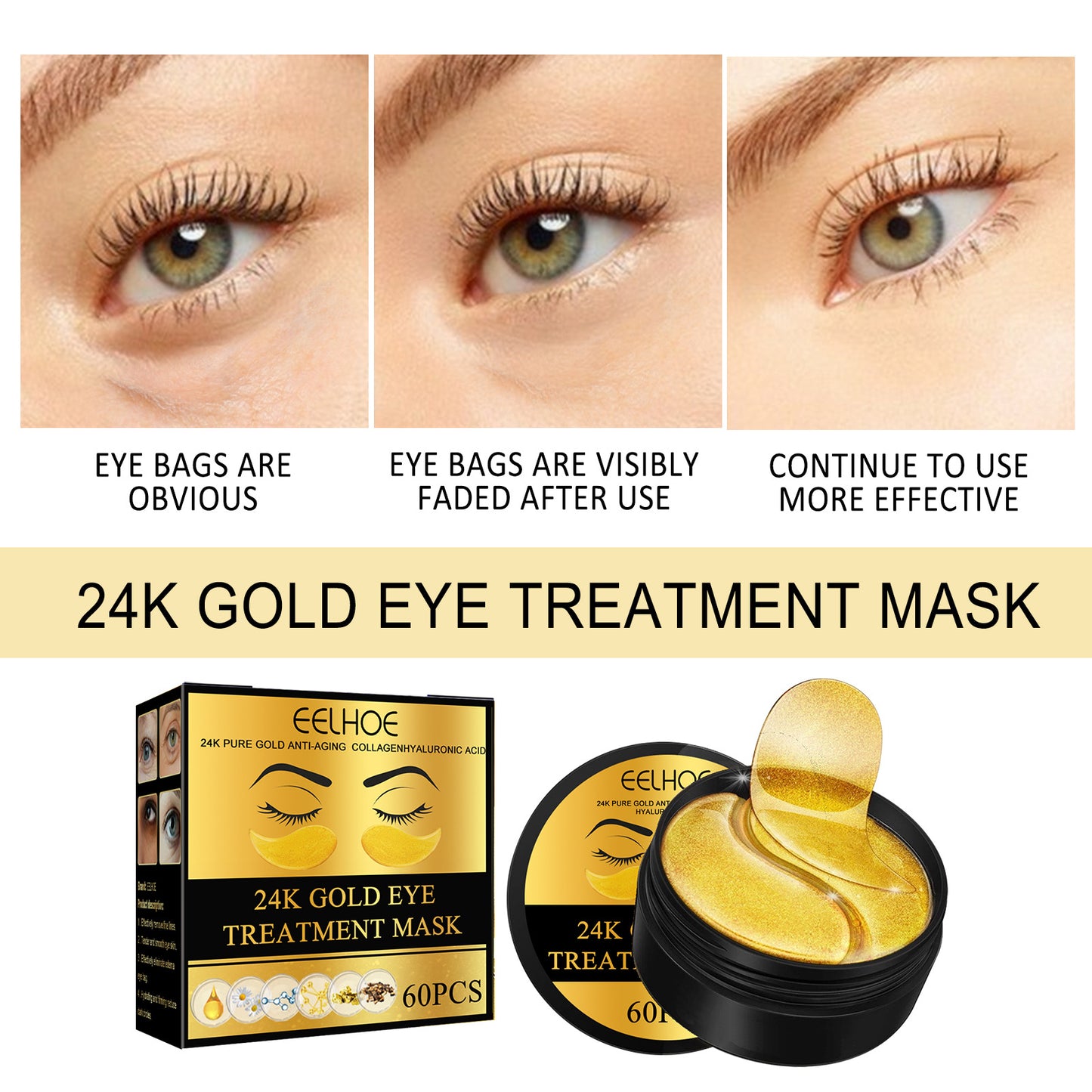 EELHOE 24K Gold Eye Mask Eye Sticker Moisturizing Brightening Firming Light Lines Eye Lines Dark Circles Fine Lines Wrinkle Repair