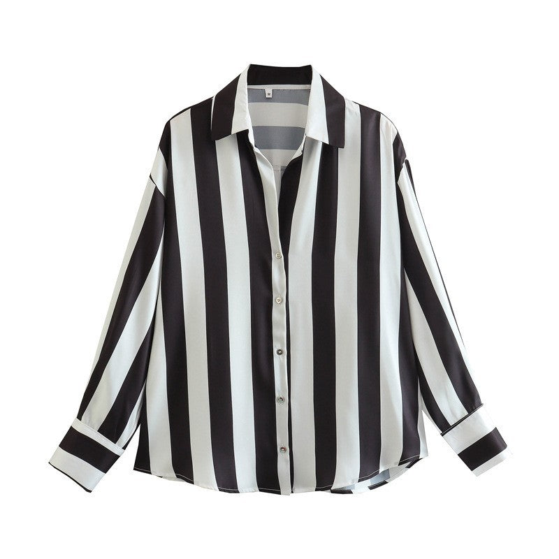 Cross-border Foreign Trade Wholesale Striped European And American Style Digital Printing Striped Silk Satin Texture Drape Shirt Loose Casual Style