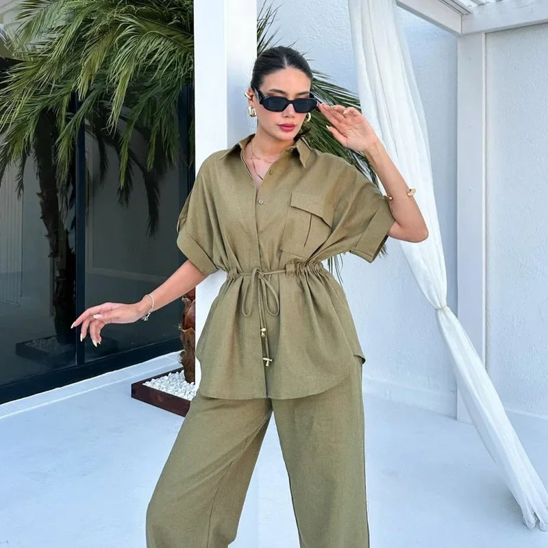 In Stock 2024 Summer New European And American Style Fashion Casual Suit Women's Workwear Drawstring Pocket Two-piece Women's Clothing