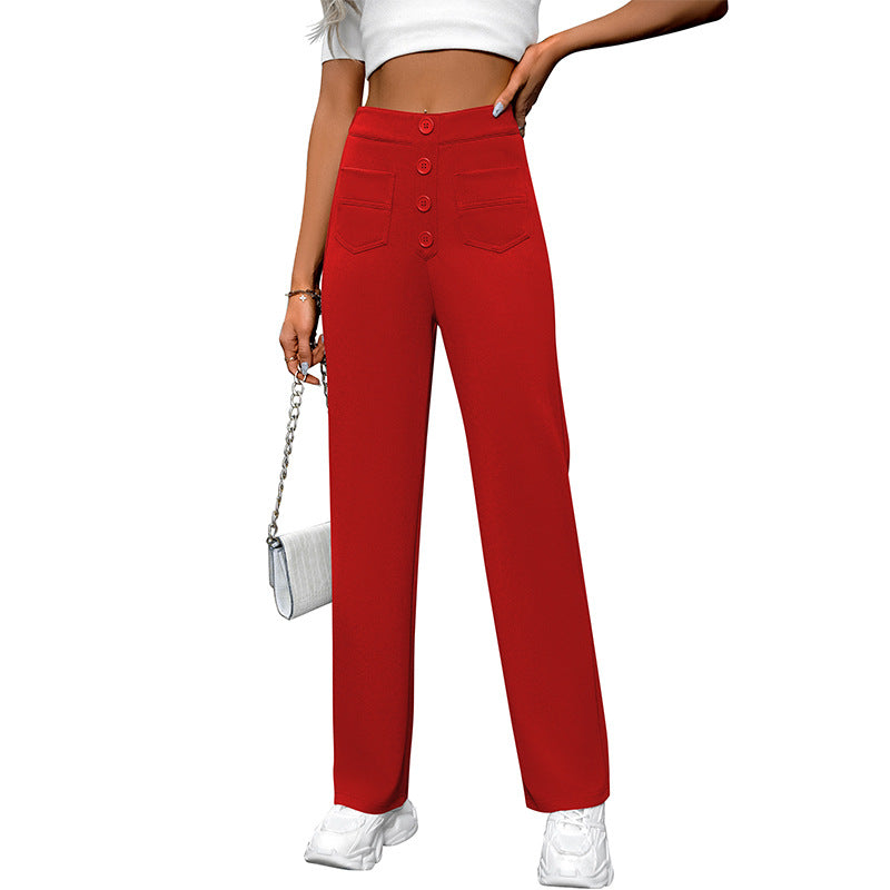 Spring And Autumn New Women's High Waist Pocket Wide Leg Button Casual Loose Straight Pants Trousers