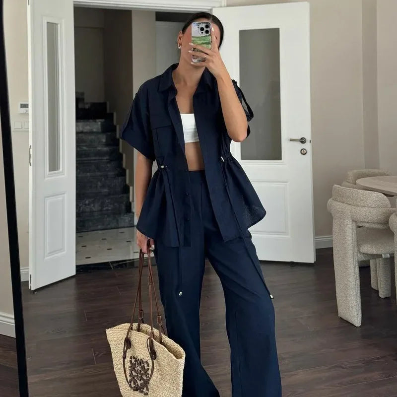 In Stock 2024 Summer New European And American Style Fashion Casual Suit Women's Workwear Drawstring Pocket Two-piece Women's Clothing