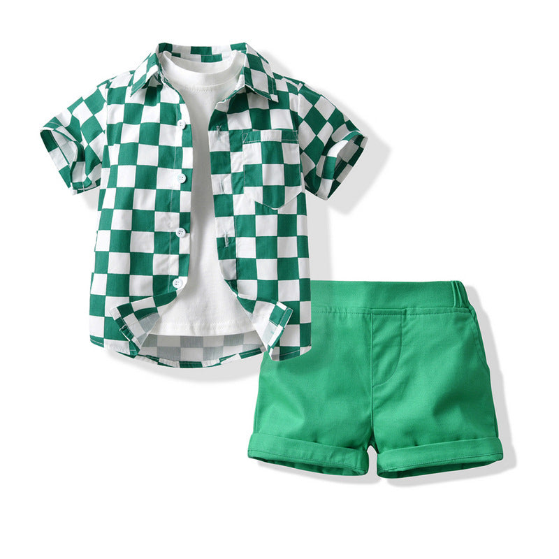 New Foreign Trade Children's Clothing 2022 Summer Checkerboard Short-sleeved Cotton Cardigan White T Bottoming Shirt Shorts Three-piece Kids