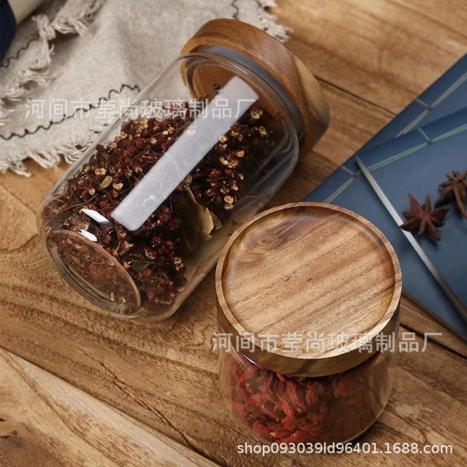 Acacia Wood Tea Can Storage Tank Kitchen Food Grains Coffee Bean Tea Sealed Can Transparent Storage Storage Tank