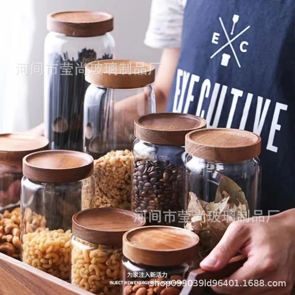 Acacia Wood Tea Can Storage Tank Kitchen Food Grains Coffee Bean Tea Sealed Can Transparent Storage Storage Tank